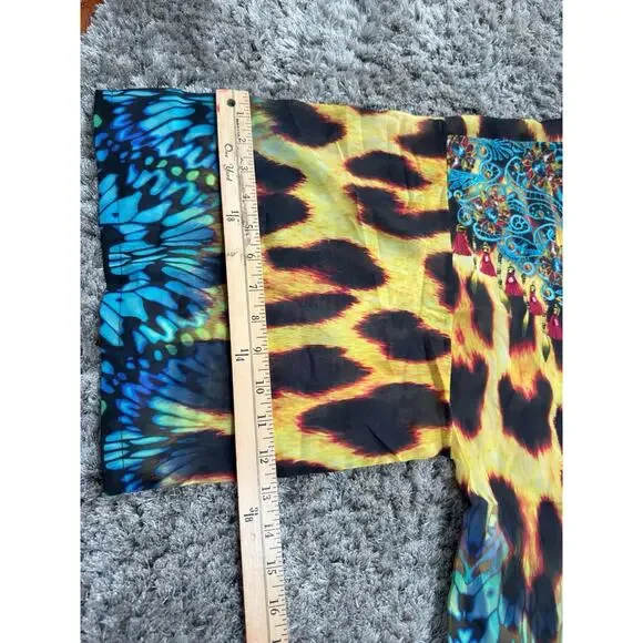 Boho Maxi Kimono Kaftan Women Leopard Butterfly Print Sheer Beaded Cover Up L/XL - Picture 12 of 16